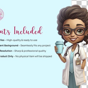 May include: A digital illustration of a cartoon doctor holding a cup of coffee. The doctor is wearing a white coat, a blue shirt, and a stethoscope. The doctor has brown skin, brown hair, and glasses. The background is transparent.
