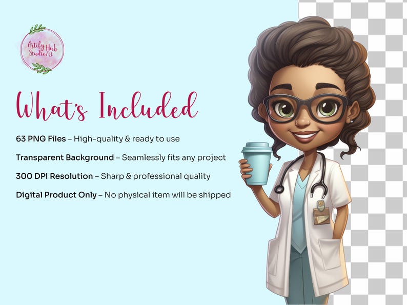 May include: A digital illustration of a cartoon doctor holding a cup of coffee. The doctor is wearing a white coat, a blue shirt, and a stethoscope. The doctor has brown skin, brown hair, and glasses. The background is transparent.