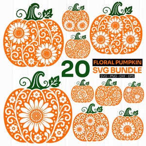 May include: A digital collection of 20 orange pumpkin illustrations featuring white floral patterns, sunflowers, and green stems. The text reads 20 FLORAL PUMPKIN SVG BUNDLE SVG-PNG-DXF-EPS. These graphic designs are presented in various sizes.