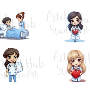 May include: Four illustrations of nurses in different poses. One nurse is caring for a patient in a hospital bed. Another nurse is holding a red heart. The third nurse is holding a clipboard. The fourth nurse is holding a red heart.