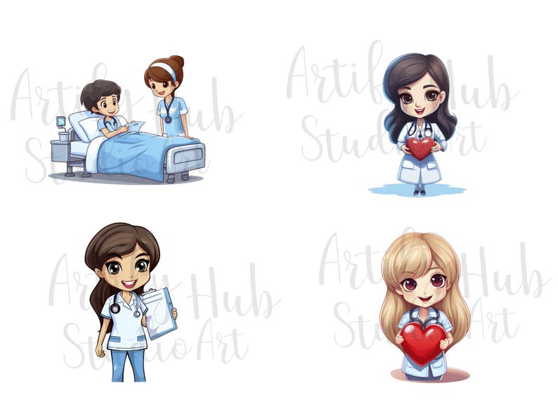 May include: Four illustrations of nurses in different poses. One nurse is caring for a patient in a hospital bed. Another nurse is holding a red heart. The third nurse is holding a clipboard. The fourth nurse is holding a red heart.