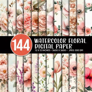 Può includere: Una collezione di 144 carte digitali con motivi floreali ad acquerello, con fiori rosa, pesca e crema e fogliame verde. Il testo recita 144 WATERCOLOR FLORAL DIGITAL PAPER 12 X 12 INCHES - 3600 X 3600 - JPEG 300 DPI.