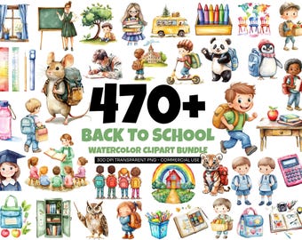 Back to School Clipart Bundle: Watercolor Kids & Animals (PNG, Commercial Use)