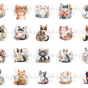 May include: A collection of watercolor cat illustrations. Each cat is surrounded by floral arrangements, showcasing various breeds and colors, including orange, gray, and calico. The cats are depicted in a whimsical and artistic style, perfect for cat lovers.