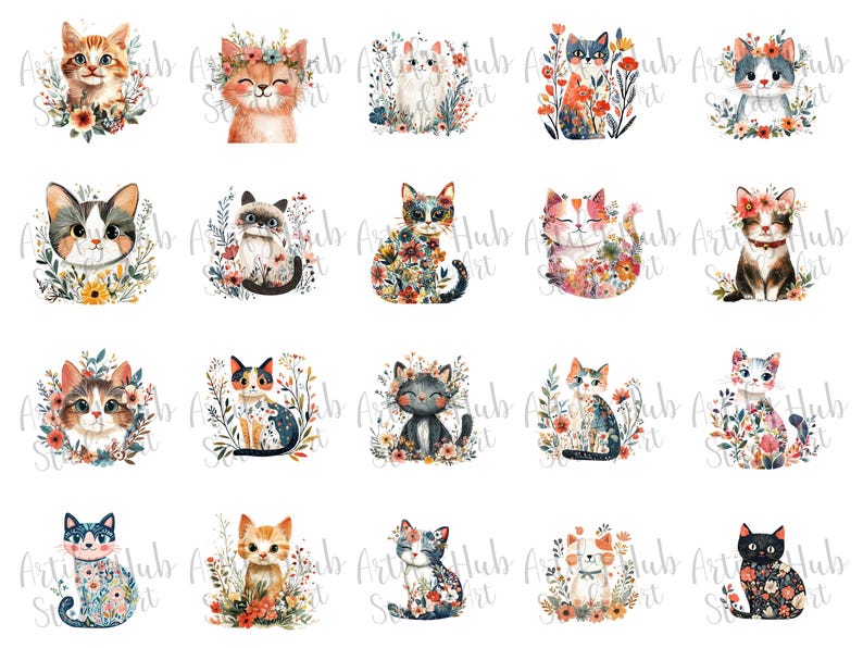 May include: A collection of watercolor cat illustrations. Each cat is surrounded by floral arrangements, showcasing various breeds and colors, including orange, gray, and calico. The cats are depicted in a whimsical and artistic style, perfect for cat lovers.