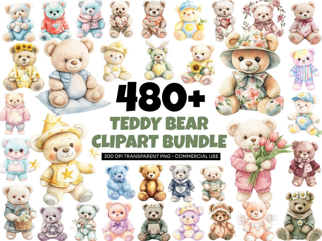 Watercolor Teddy Bear Clipart Bundle PNG, Cute Baby Bears Clipart ...