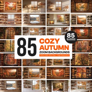 Könnte beinhalten: Eine digitale Sammlung von 85 gemütlichen Herbst-Zoom-Hintergründen mit verschiedenen Innenszenen und Fenstern mit Blick auf herbstliches Laub, Berge und Wälder, als hochauflösende 1920x1080 JPG-Dateien für virtuelle Meetings.