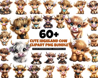 66 Cute Highland Cow Clipart PNG Bundle | Baby Cow Sublimation Graphics | Farm Animal Kawaii Stickers for Crafts & Designs