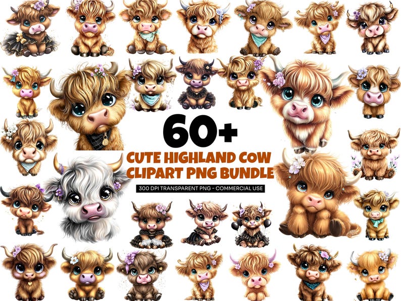 66 Cute Highland Cow Clipart PNG Bundle | Baby Cow Sublimation Graphics ...