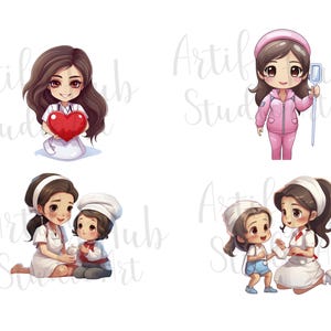 May include: Four digital illustrations of female characters in various medical roles. The first illustration shows a woman in a white uniform holding a red heart. The second illustration shows a woman in a pink uniform holding a medical device. The third illustration shows a woman in a white uniform holding a small bottle. The fourth illustration shows a woman in a white uniform holding a bandage.