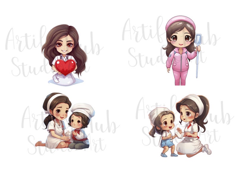 May include: Four digital illustrations of female characters in various medical roles. The first illustration shows a woman in a white uniform holding a red heart. The second illustration shows a woman in a pink uniform holding a medical device. The third illustration shows a woman in a white uniform holding a small bottle. The fourth illustration shows a woman in a white uniform holding a bandage.