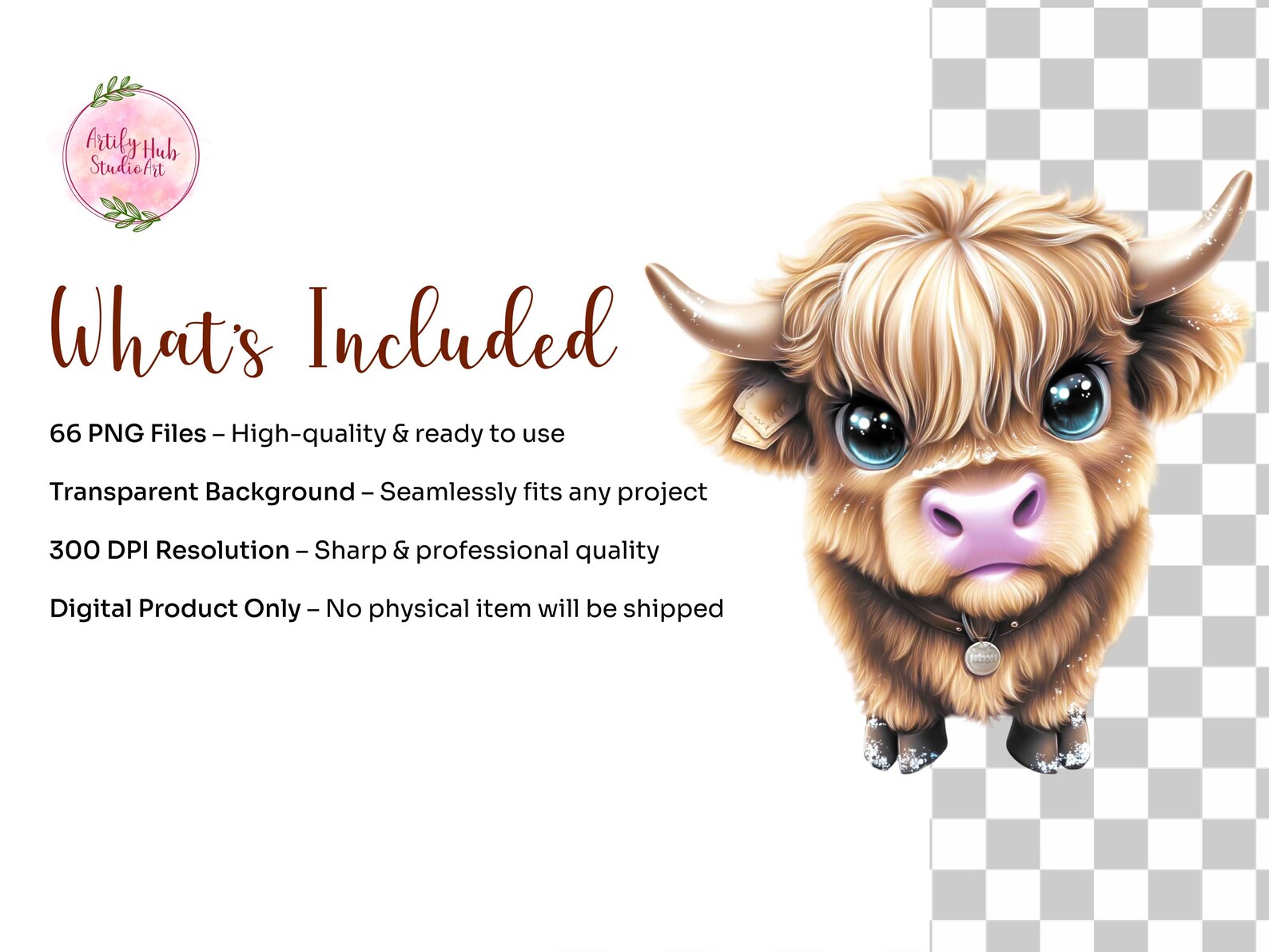 66 Cute Highland Cow Clipart PNG Bundle | Baby Cow Sublimation Graphics ...