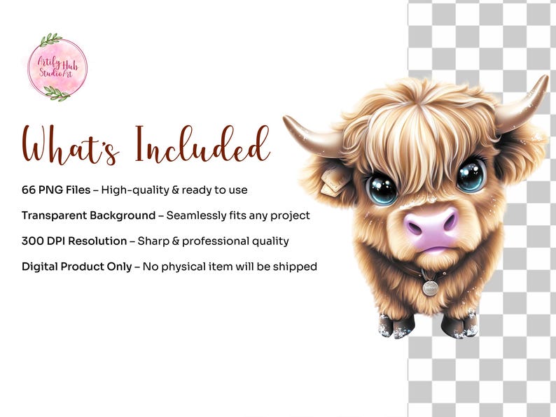 66 Cute Highland Cow Clipart PNG Bundle | Baby Cow Sublimation Graphics ...