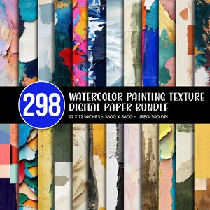 Op de afbeelding: Een digitaal papierpakket met 298 aquarel schilderij texturen in diverse kleuren en abstracte patronen. De afbeelding bevat de tekst 298 WATERCOLOR PAINTING TEXTURE DIGITAL PAPER BUNDLE 12 X 12 INCHES - 3600 X 3600 - JPEG 300 DPI.