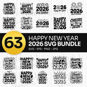 以下が含まれることがあります： ハッピーニューイヤー2026 SVGファイル63個のデジタルデザインバンドル。デザインには、花火、シャンパングラス、花の要素など、さまざまなフォントとグラフィックが使用されています。「Happy New Year」と「2026」の文字が含まれています。