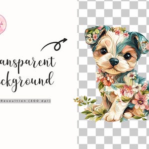 May include: A watercolor illustration of a puppy with a floral design. The puppy has a light brown and white coat with blue accents and is adorned with flowers. The image includes the text "Transparent Background" and "High Resolution (300 dpi)".
