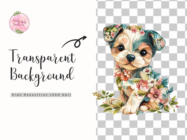May include: A watercolor illustration of a puppy with a floral design. The puppy has a light brown and white coat with blue accents and is adorned with flowers. The image includes the text "Transparent Background" and "High Resolution (300 dpi)".