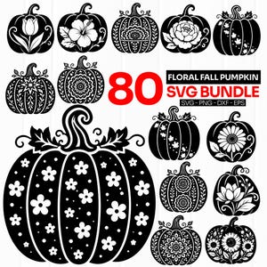 May include: A collection of black and white digital graphics featuring 80 floral fall pumpkin designs. The images include various pumpkins decorated with flowers, leaves, and mandala patterns. The text reads 80 FLORAL FALL PUMPKIN SVG BUNDLE.