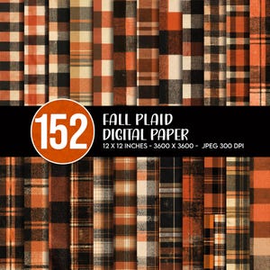Fall Plaid Digital Paper Bundle, Autumn Buffalo Check Texture Bundle, Orange Black Tartan Background, Rustic Flannel Scrapbook Paper