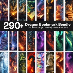 Puede incluir: Una colección digital de más de 290 marcapáginas con temática de dragones, que presenta diversas ilustraciones fantásticas y coloridas de dragones, muchos sobre pilas de libros o paisajes mágicos, con el texto 290+ Dragon Bookmark Bundle 2X6 Inches.