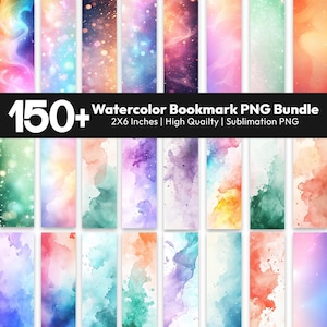May include: A digital collection of 150+ watercolour bookmark designs in a 2x6 inch format. The bundle features various abstract patterns with vibrant gradients, soft washes, and speckled textures in shades of blue, pink, green, and orange.