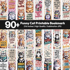 Könnte beinhalten: Eine Sammlung rechteckiger Lesezeichen mit verschiedenen Katzenillustrationen und humorvollen Texten. Jedes Lesezeichen zeigt eine einzigartige Katzenfigur, farbenfrohe Muster und Sprüche wie I Was Right Again, Books Are Mine und I Read Books Because People Are Exhausting. Die Designs umfassen Bücherstapel, Pfotenabdrücke und eine lebendige Typografie auf einem hellen Hintergrund.