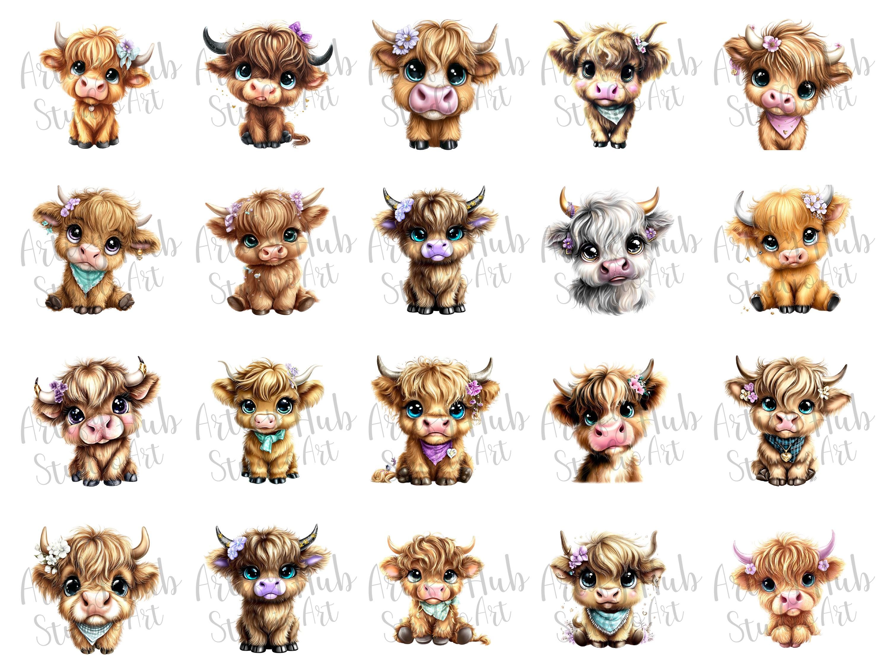 66 Cute Highland Cow Clipart PNG Bundle | Baby Cow Sublimation Graphics ...