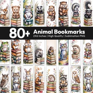 May include: A collection of over 80 animal bookmarks, each featuring a different animal sitting atop a stack of books. The bookmarks are 2x6 inches and include a variety of animals such as bears, cats, and foxes. The text "Animal Bookmarks" is displayed.