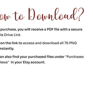 May include: White background with text in a handwritten style font. The text reads "How to Download?" followed by instructions on how to access and download files after purchase, including a Google Drive link and Etsy account access.