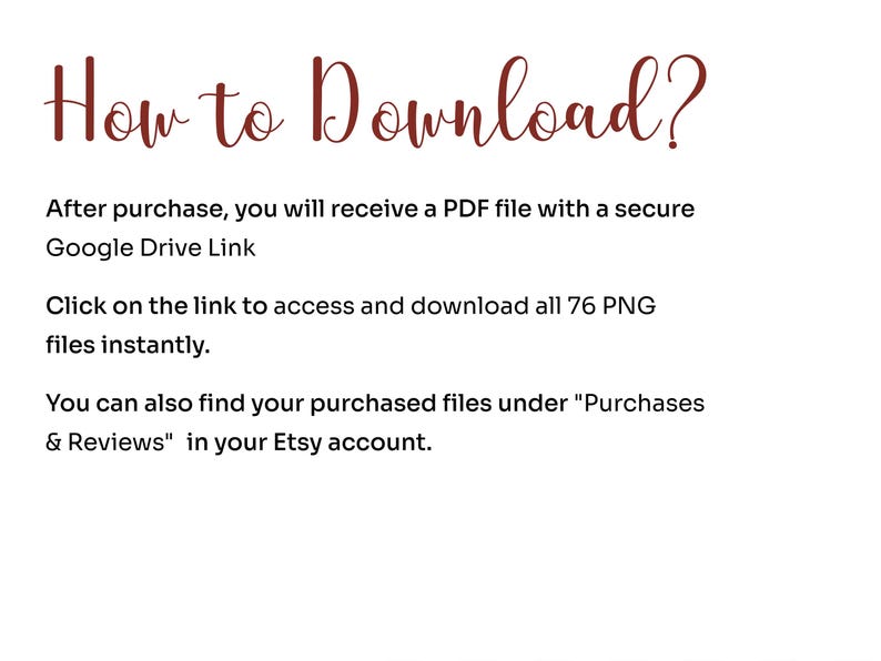 May include: White background with text in a handwritten style font. The text reads "How to Download?" followed by instructions on how to access and download files after purchase, including a Google Drive link and Etsy account access.