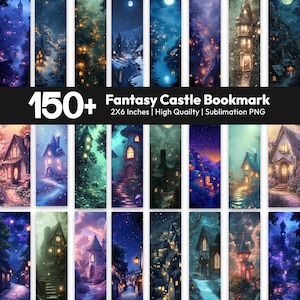 May include: A collection of 150+ fantasy castle bookmark designs in 2x6 inches, featuring digital illustrations of illuminated cottages, towers, and landscapes under starry night skies with glowing windows and paths in various color palettes.