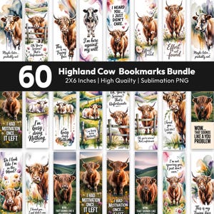 May include: A collection of 60 Highland cow bookmarks, each measuring 5 x 15 cm. The bookmarks display watercolour illustrations of Highland cows with amusing quotes. The colour scheme includes browns, greens, and purples.