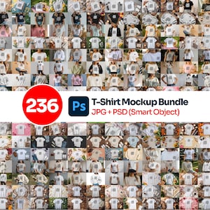 Op de afbeelding: Een verzameling t-shirt mockups, met verschillende stijlen en kleuren. De afbeelding bevat een rode cirkel met het nummer 236, en de tekst "T-Shirt Mockup Bundle JPG + PSD (Smart Object)" met een Photoshop-logo.