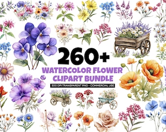 Watercolor Flower Clipart Bundle PNG, Watercolor Wildflower Clipart, Watercolor Floral PNG, Spring Summer Flowers, Sublimation Graphics PNG