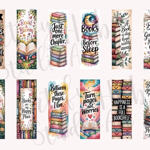 May include: A collection of colorful, illustrated bookmarks with literary quotes and images of books, flowers, and celestial elements. The bookmarks feature phrases like "I like big books" and "Happiness is a full bookshelf."