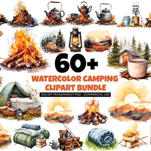 May include: Watercolor clipart bundle featuring camping-themed illustrations. The image includes campfires, tents, lanterns, camping gear, and the text "60+ WATERCOLOR CAMPING CLIPART BUNDLE". The illustrations are in a watercolor style with a transparent background.