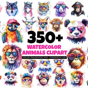 357 Watercolor Animal Clipart Bundle, Colorful Animal illustration Sublimation Graphics, PNG transparent background, Digital Download