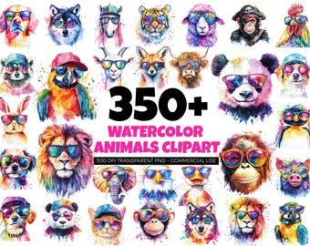 Watercolor Animal Clipart Bundle: 357 PNG Illustrations (Digital Download)