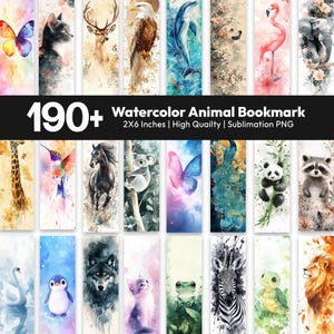 Può includere: Una collezione di segnalibri rettangolari verticali con illustrazioni ad acquerello di vari animali, tra cui una farfalla, un gatto, un cervo, un'aquila, un delfino, un cane, un fenicottero, un elefante, una giraffa, un colibrì, un cavallo, un koala, un pavone, un panda e un procione.