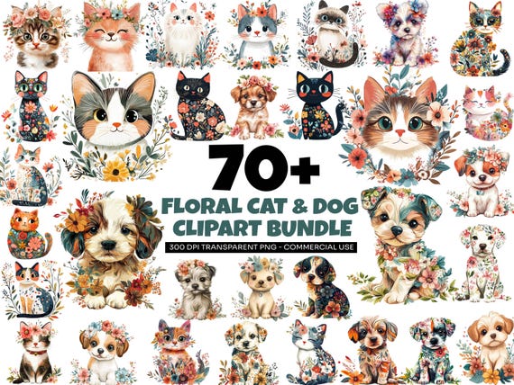 76 Floral Cat and Dog Clipart Bundle | Cute Pet PNG Graphics | Sublimation & Sticker Designs | Animal Clip Art for Crafters Printable | PNG