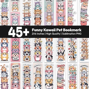 Funny Kawaii Pet Bookmark PNG Bundle, Cat Dog Stack Bookmark, Funny Dog Reading Tags for Kids, Printable Bookmarks Sublimation, Dog Lover