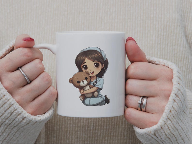 May include: White ceramic mug featuring a cartoon illustration of a nurse holding a teddy bear. The nurse is wearing a blue uniform and a white cap.