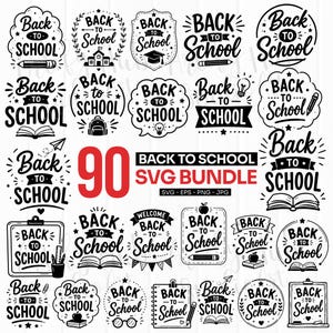 May include: A collection of 90 black and white graphic designs featuring the text Back to School, accompanied by illustrations of pencils, books, backpacks, lightbulbs, apples, glasses, and clipboards, presented as a digital file bundle.
