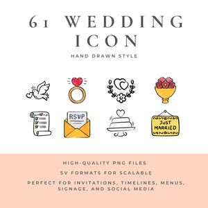 May include: A set of hand-drawn wedding icons, including a dove, ring, hearts, cake, and a sign saying "Just Married". The text at the top says "Wedding Icon". The icons are suitable for invitations and social media.