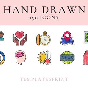 Hand Drawn Icon Set: 190 PNG Icons for Creative Projects (Digital Download)