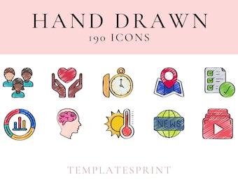 Conjunto de iconos dibujados a mano: 190 iconos PNG para proyectos creativos (descarga digital)