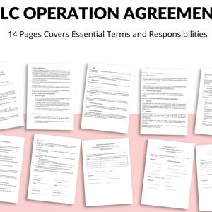 Puede incluir: Un documento de Acuerdo de Operación de LLC con el título "LLC OPERATION AGREEMENT" y el texto "14 Pages Covers Essential Terms and Responsibilities". La imagen muestra varias páginas del documento.