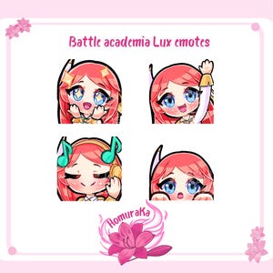 May include: Four digital art emotes of a character with red hair and blue eyes. The emotes show different expressions and poses, including one with musical notes. The text "Battle academia Lux emotes" is at the top.