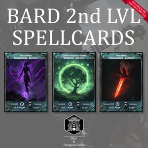 D&D Bard-spreukkaarten - spreuken van het 2e niveau - geïllustreerde spreukenkaarten voor DnD om thuis af te drukken