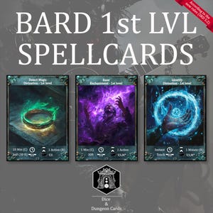 D&D Bard-spreukkaarten - spreuken van het eerste niveau - geïllustreerde spreukenkaarten voor DnD om thuis af te drukken